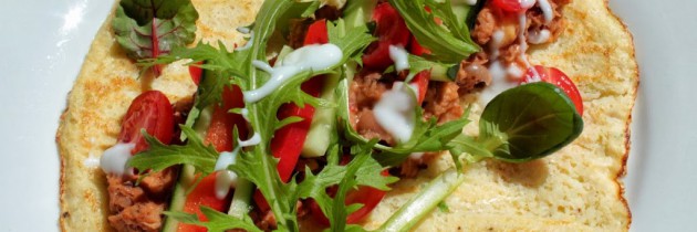 Cauliflower wraps with cheesy bean mash and salad