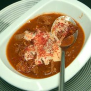 Slow braised beef goulash, lentil and smoked paprika soup