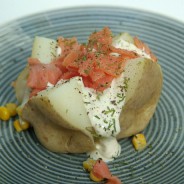 Super quick salmon, sour cream and sweetcorn jacket potato