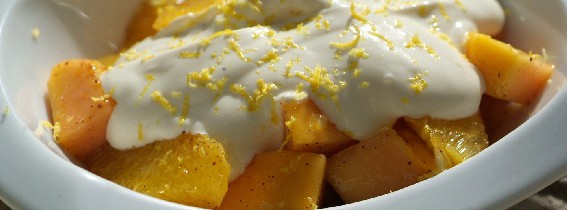 Spiced winter fruit with vanilla and lemon zest creamed cheese